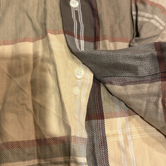 Alex Cannon 100%cotton striped plaid button down shirt w one pocket browns tans - Picture 10 of 10